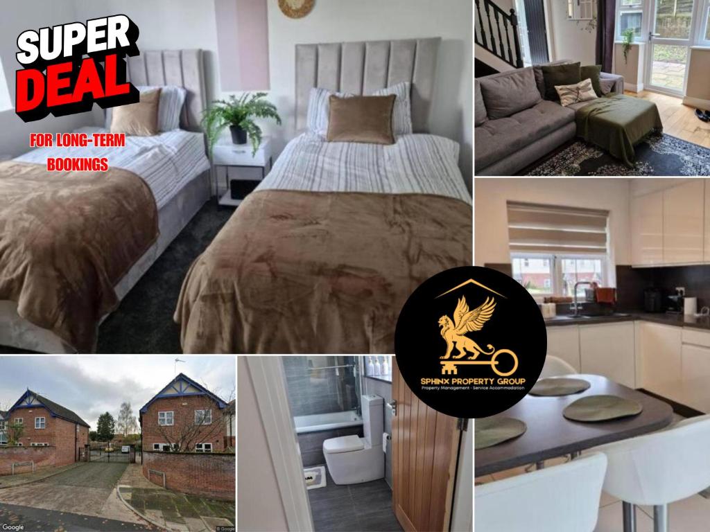 un collage de photos d'une chambre avec un lit dans l'établissement Charming 3 Bedroom Apartment in Wythenshawe Convenient for Manchester Airport and City Centre Free Parking, à Wythenshawe