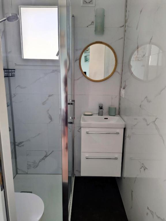 une salle de bain avec une douche, un lavabo et un miroir dans l'établissement Le Palmier, à Les Sables-dʼOlonne
