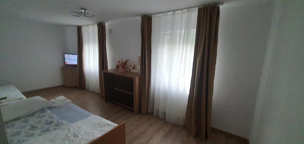 ein Schlafzimmer mit einem Bett und einem Fenster mit Vorhängen in der Unterkunft Casa Vida in Luncasprie