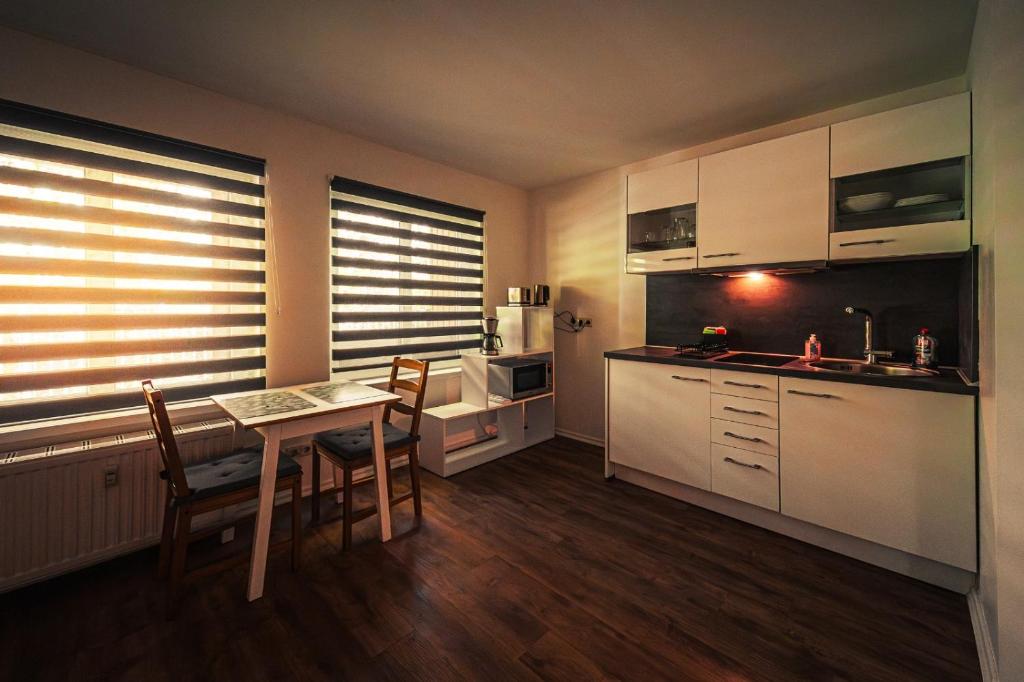a kitchen with a table and chairs and a kitchen with white cabinets at GottwaldHaus-Freiberg-Apartment C in Freiberg
