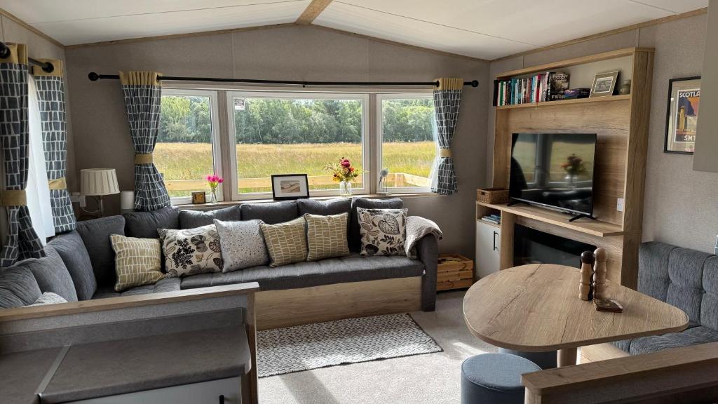a living room with a couch and a tv at Wildcat Lodge Grantown on Spey in Grantown on Spey