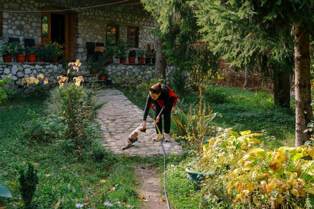 a woman is working in a garden at Guest house Hyrmet Demushi in Valbonë