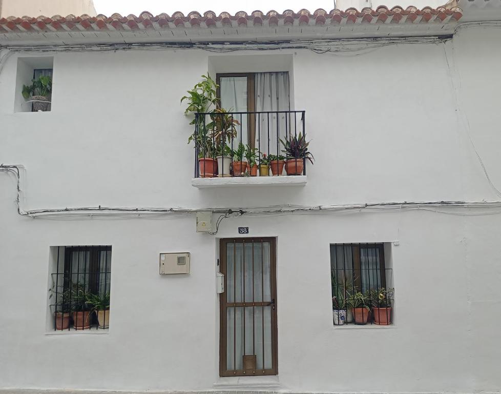 a white building with windows and potted plants at Piso junto al mar de 80m² in Villajoyosa