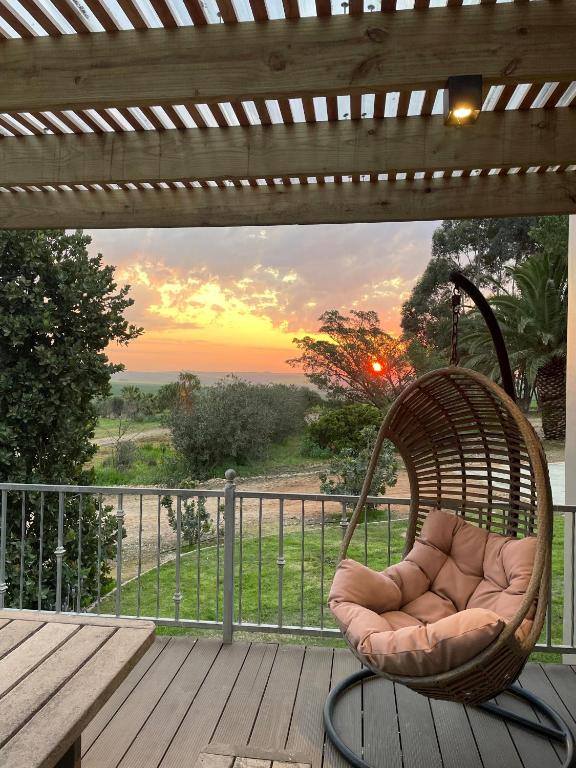 a wicker chair sitting on a deck with a view at De Gunst Guest Farm in Malmesbury