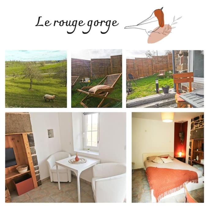 un collage de photos d'une chambre et d'une pièce dans l'établissement Gîte Le Rouge Gorge 2 personnes, à Sainte-Marie-Laumont