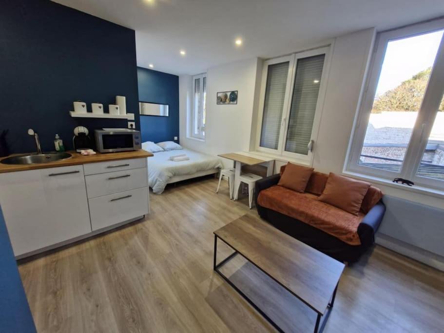 une cuisine et un salon avec un canapé et une table dans l'établissement Appt Canada 4, à Valenciennes