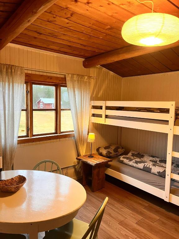 a bedroom with a bunk bed and a table at Stuga 1 in Arvidsjaur