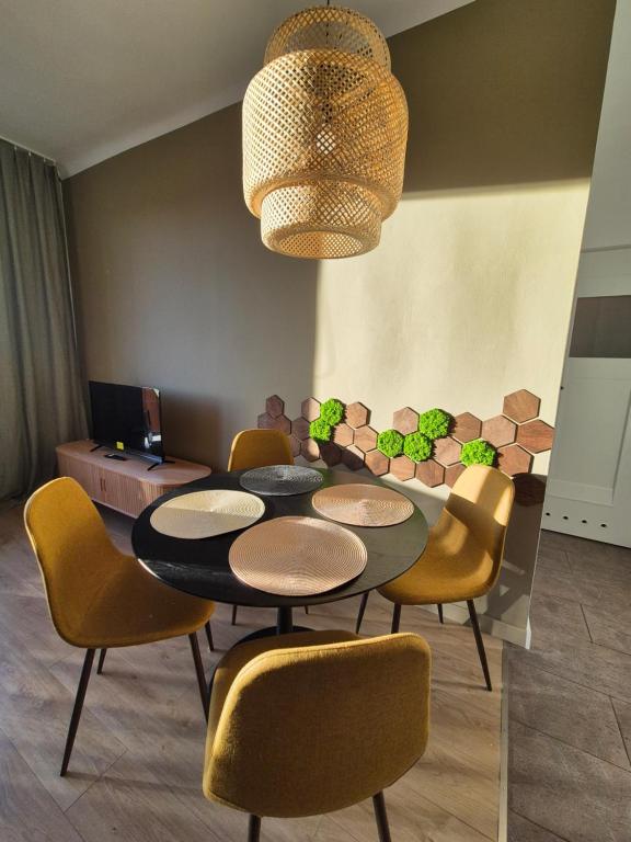 a dining room with a table and chairs and a fire place at Kasprzaka Apartment parking in Łódź