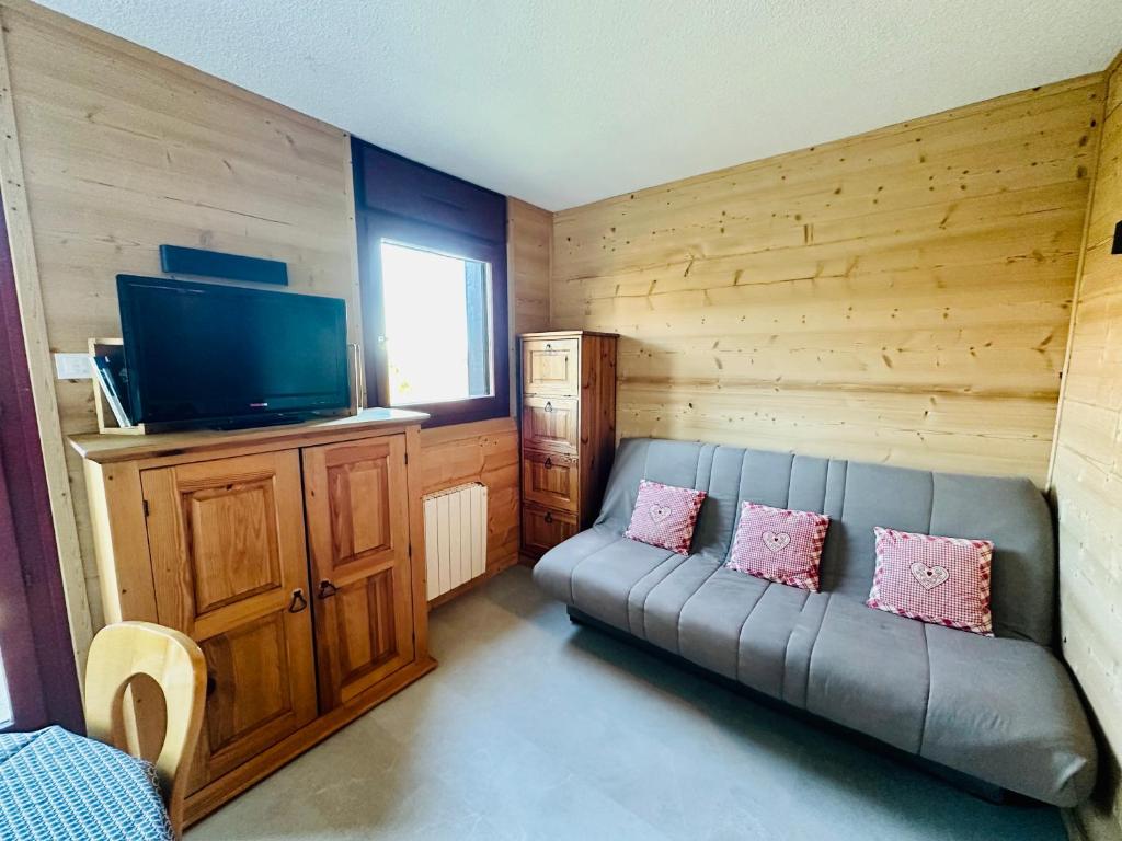 ein Wohnzimmer mit Couch und Flachbildfernseher in der Unterkunft Studio vue montagne à 200m des pistes in Arâches-la-Frasse