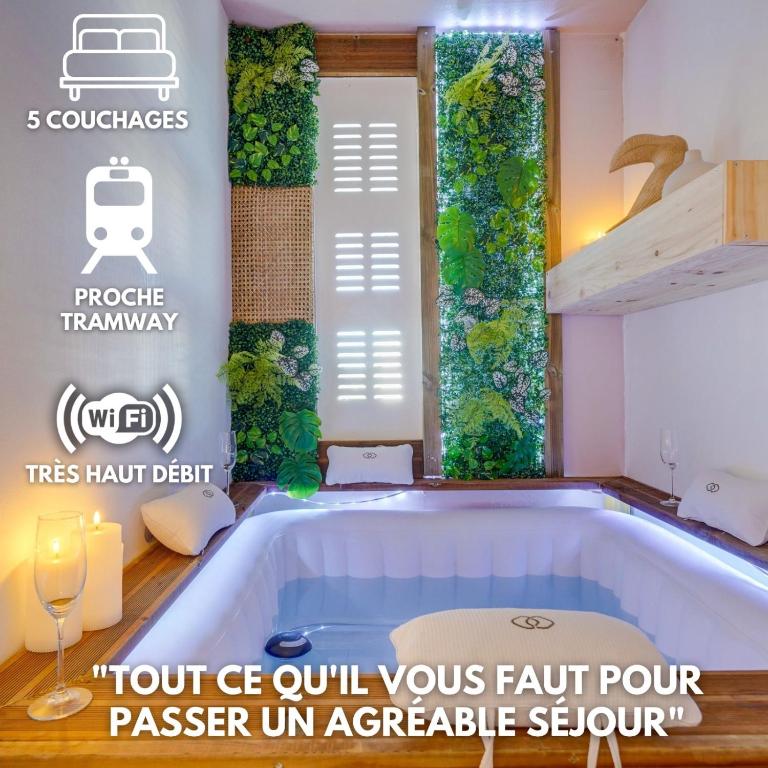 - un jacuzzi avec un panneau indiquant la vérité dans l'établissement Fridhome Jacuzzi Parking Wifi Fibre 2MIN Tram, à Bruges
