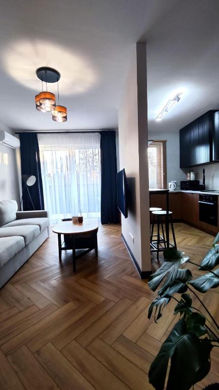 a living room with a couch and a table at Apartament Park Chorzów, FV, parking podziemny, zamknięte osiedle in Chorzów