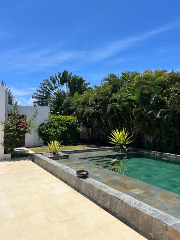 a swimming pool in a yard with trees at Blue Palm Villa with Private Pool & Tropical Garden in Cap Malheureux