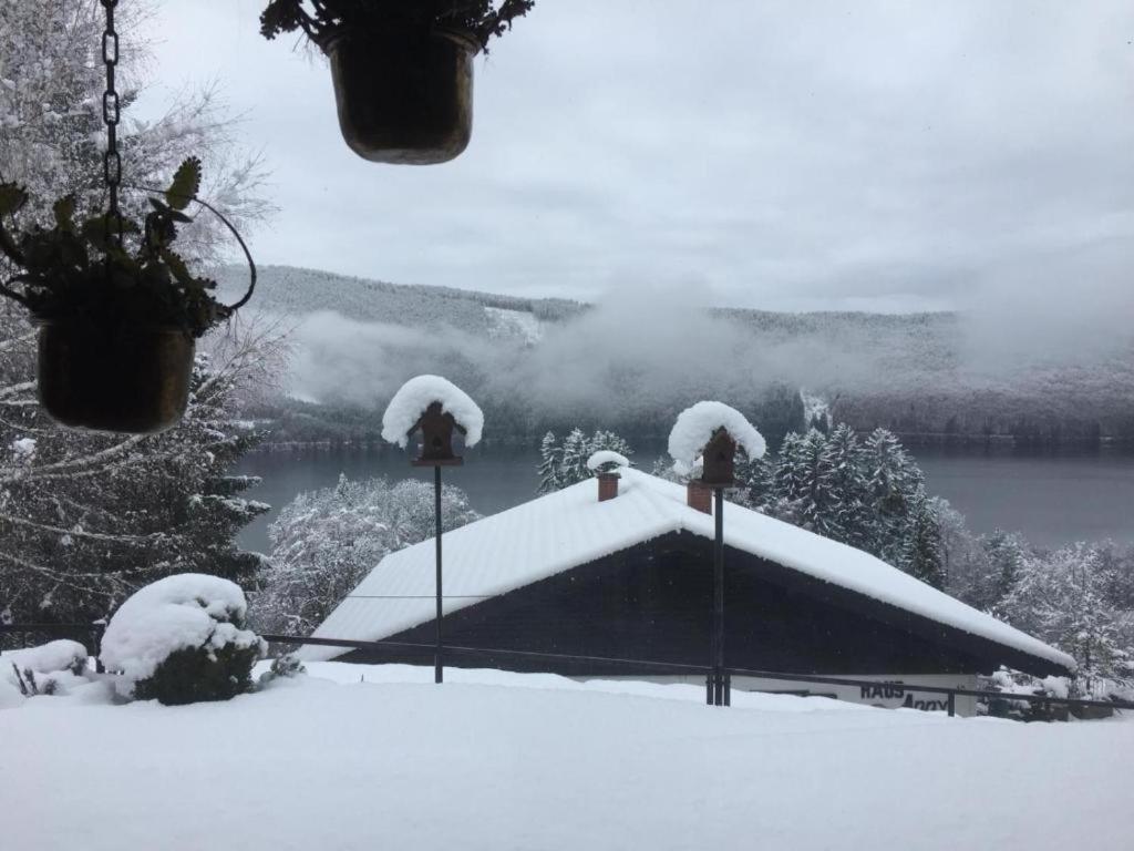 un cortile coperto di neve con una casetta per gli uccelli nel cortile di Haus Alpenseeblick Lober a Döbriach