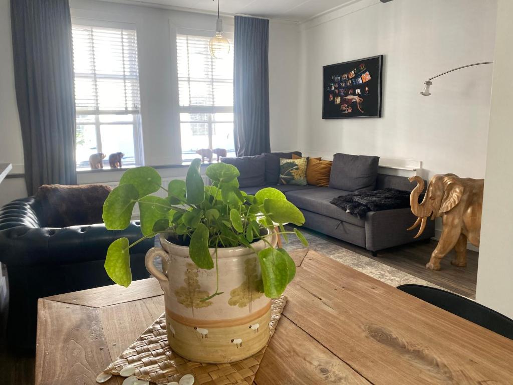 sala de estar con sofá y mesa con planta en Historical loft, en Middelburg