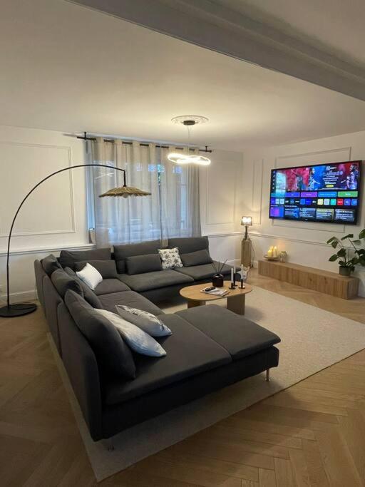 un salon avec un canapé et une télévision dans l'établissement Appartement de standing à 2 pas de la gare, à Saint-Brieuc