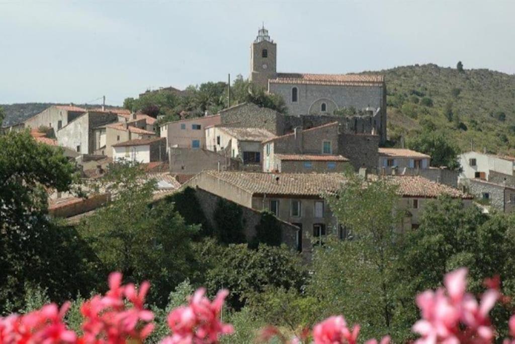 un groupe de bâtiments sur une colline avec des fleurs roses dans l'établissement Le Careyrou, à Paziols
