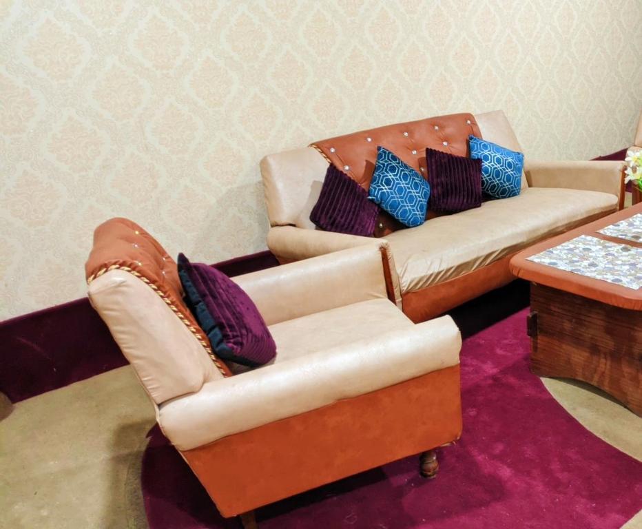 a living room with a couch and a chair at Luminaire Homestay in Srinagar