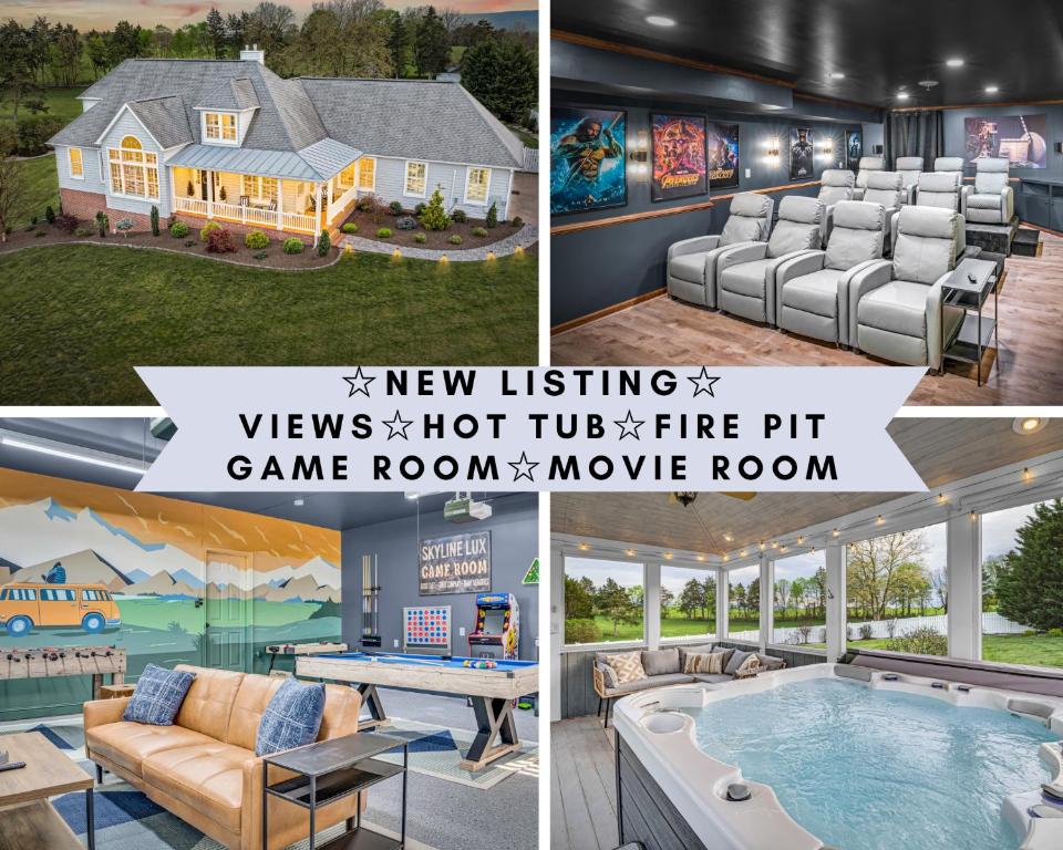 a collage of pictures of a home with a pool and a movie room at Amazing House - Movie & Game Room, Hot Tub, Fire Pit & Golf Course in Luray