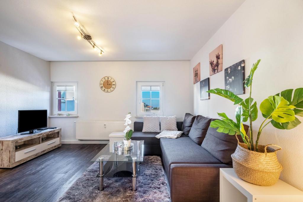 a living room with a couch and a tv at Haus Sonne in Limbach - Oberfrohna