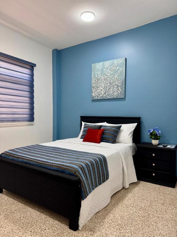 1 dormitorio con paredes azules y 1 cama con almohadas rojas en SC Central Suite, en Manta