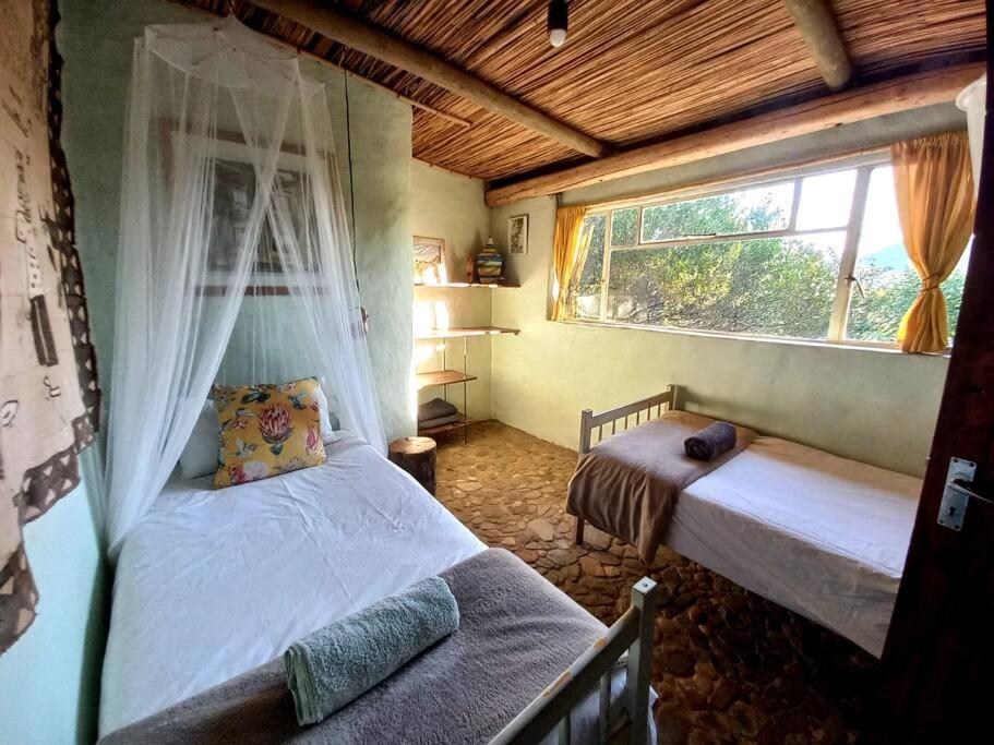 De RustにあるLiving Land, a magical Permaculture Farmのベッド2台と窓のある寝室