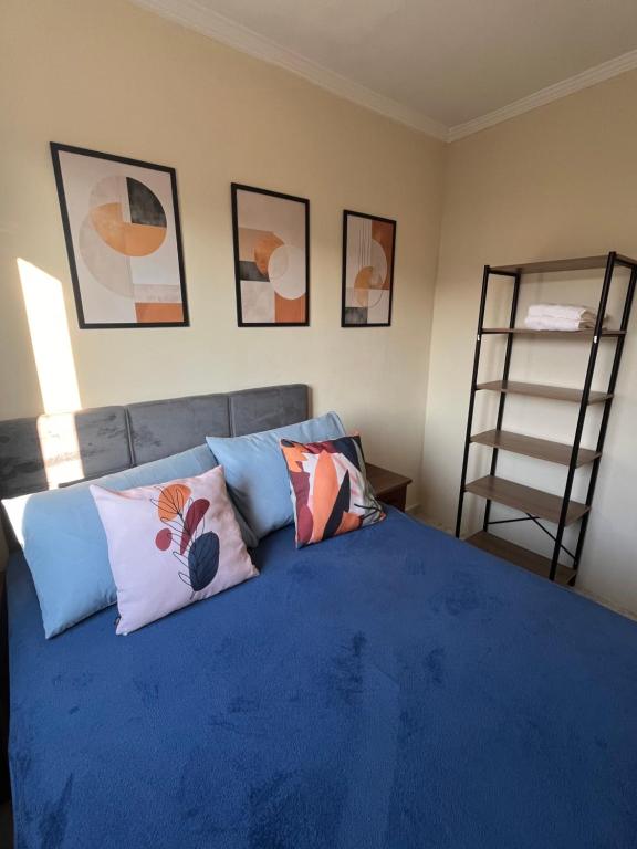 een slaapkamer met een blauw bed met kussens erop bij Apt Central Caraguá in Caraguatatuba