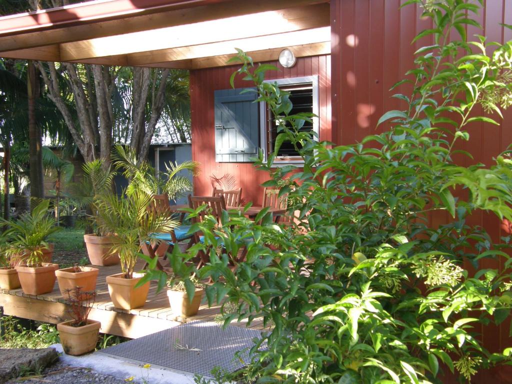 un grupo de plantas en macetas frente a una casa roja en Cana Suc en Sainte-Rose