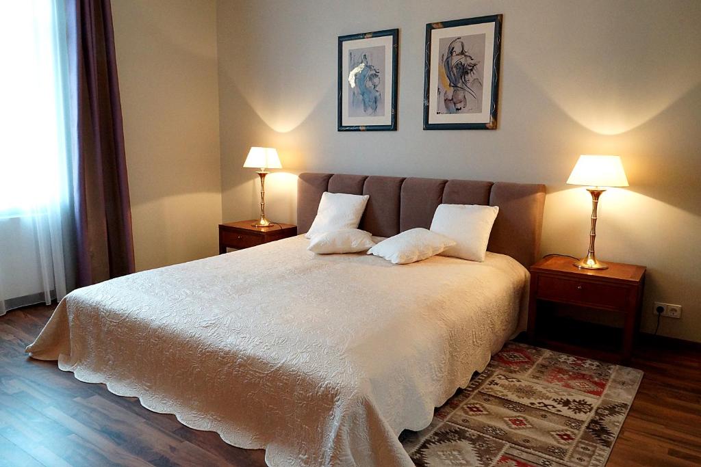 1 dormitorio con 1 cama con 2 lámparas y 1 alfombra en Vip Apartment an den Thermen, en Baden-Baden