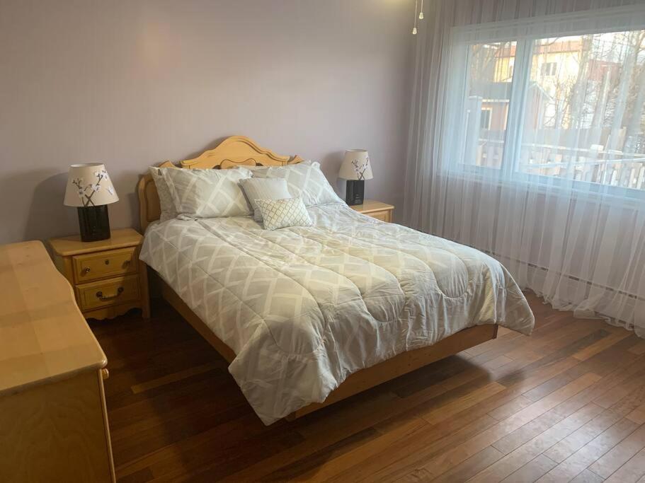 a bedroom with a bed with two night stands and a window at Appartment with Hot Tub and Backyard and Free Parking in Saint-Hyacinthe