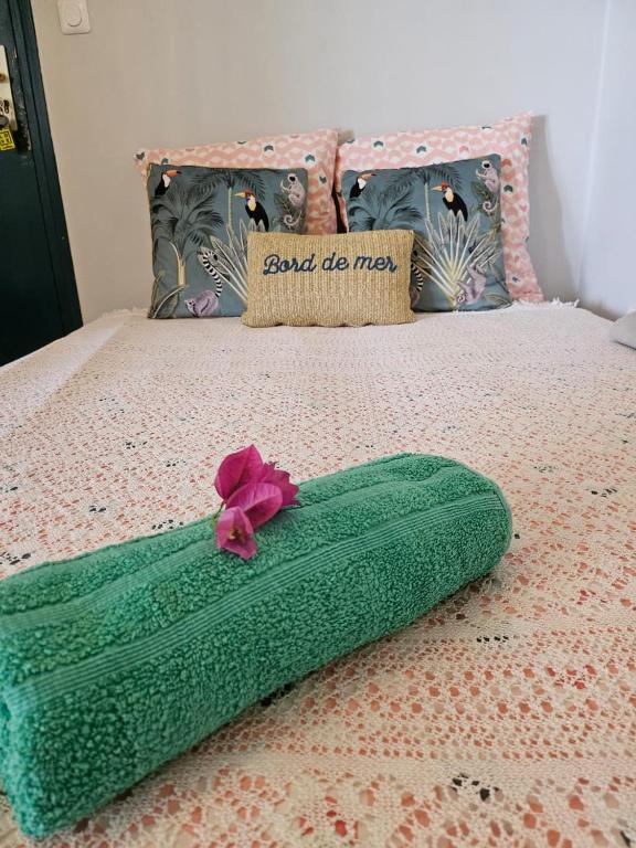 Postel nebo postele na pokoji v ubytování Joli T2 L'Oasis vue mer des Caraïbes proche des plages