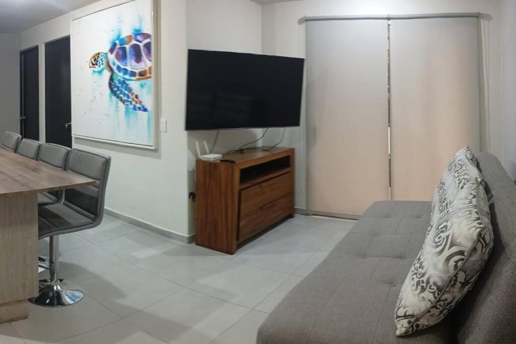 a living room with a couch and a flat screen tv at Depto Planta Baja con Patio in Guadalajara