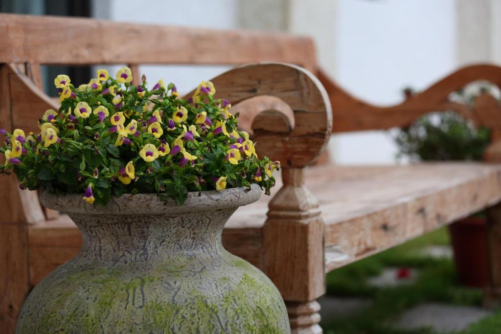 吉安的住宿－大花紫薇田園民宿，长凳旁的一个大花瓶
