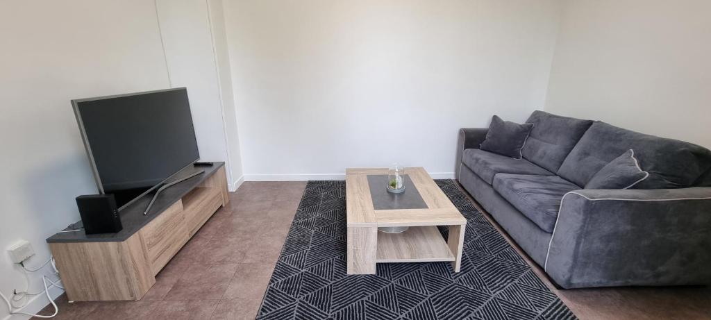 a living room with a couch and a flat screen tv at Superbe maisonette avec parking privé à Villejuif in Villejuif
