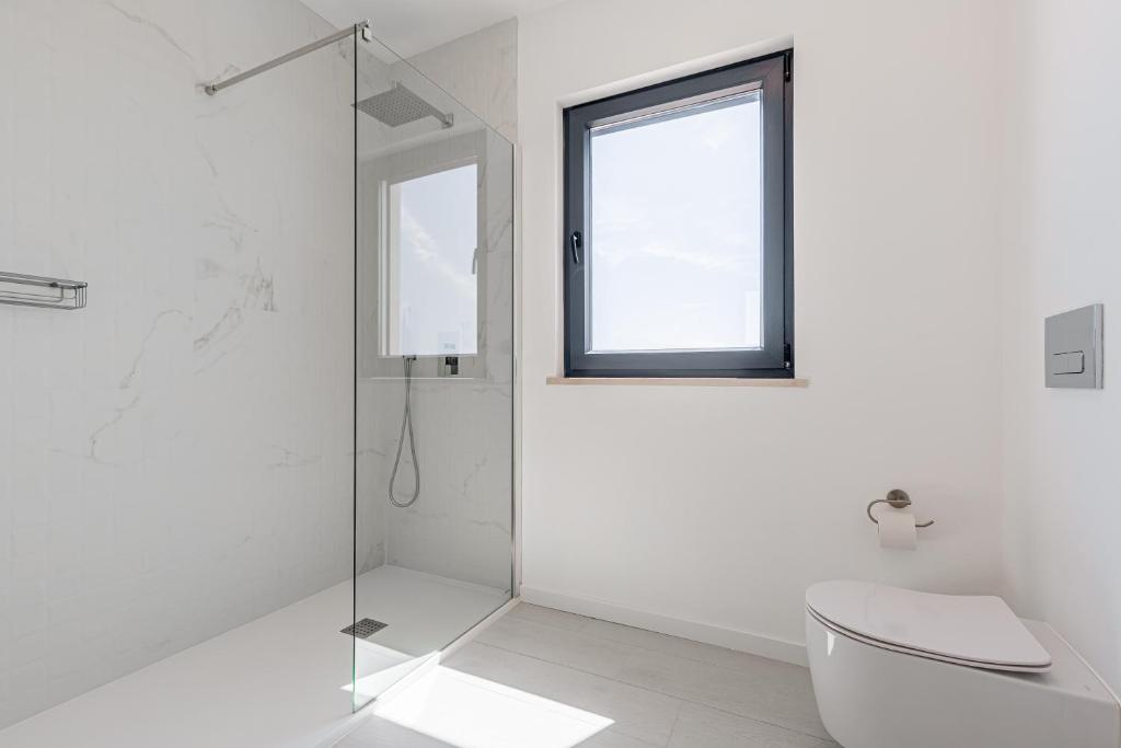 a bathroom with a shower and a toilet and a window at Villa Locki in Lourinhã