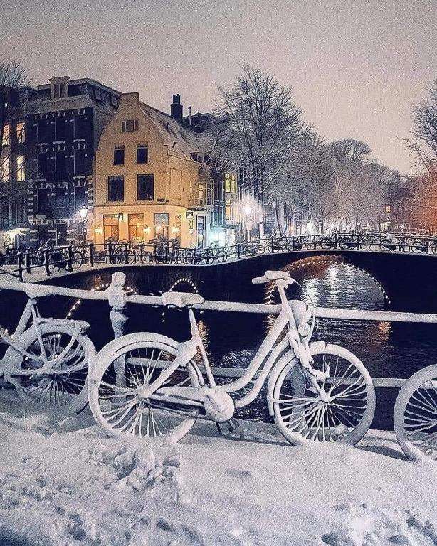un vélo garé dans la neige à côté d'une rivière dans l'établissement Studio, à Paris