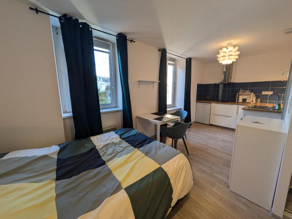 une chambre avec un grand lit et une cuisine dans l'établissement Appartement Studio, à Mulhouse