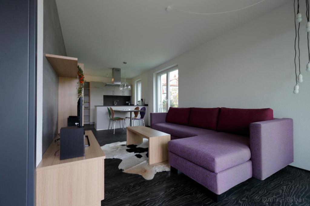 a living room with a purple couch and a kitchen at Hewen Apartments in Engen