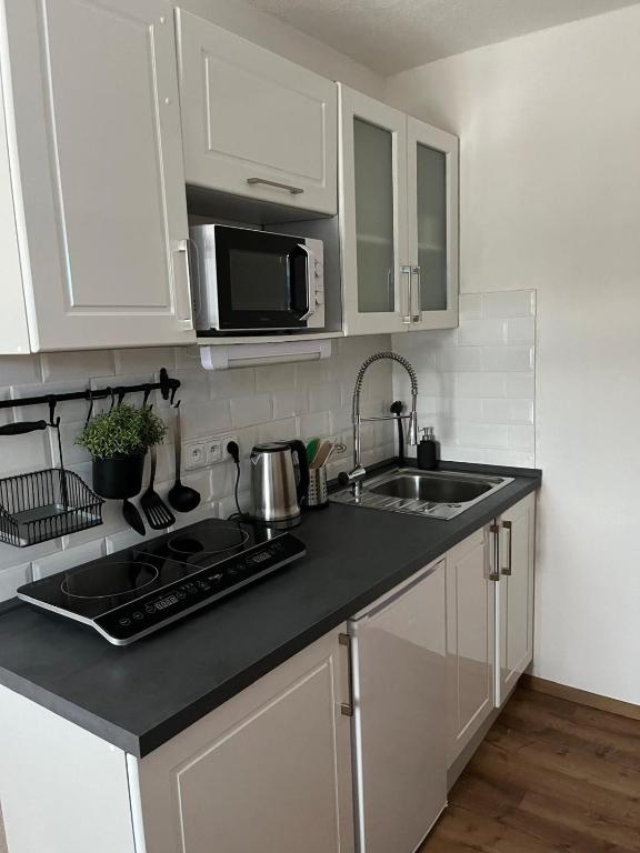 a white kitchen with a sink and a microwave at Chalupa u Josefa in Josefuv dul