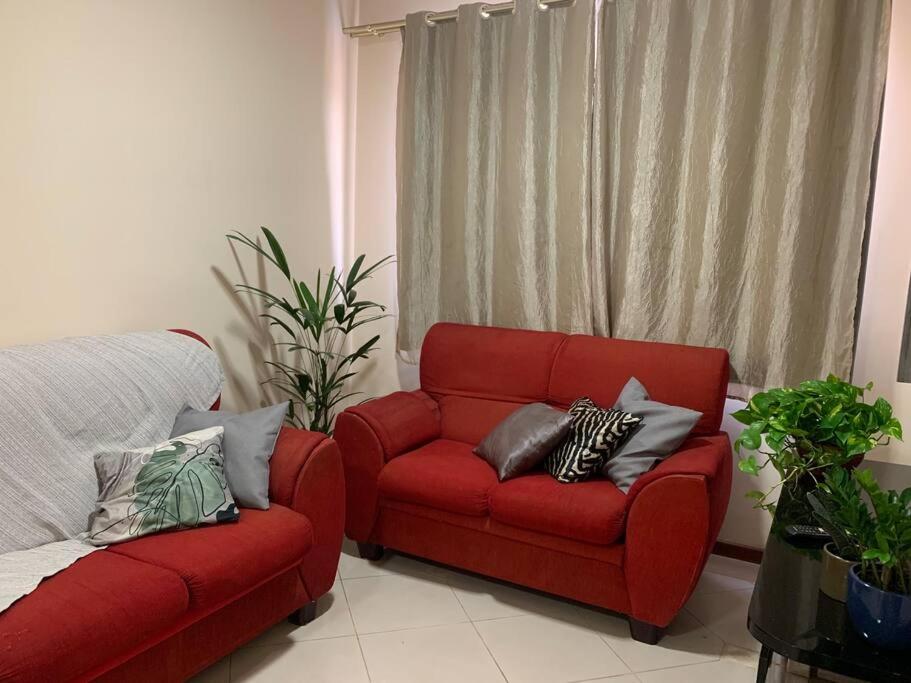 un soggiorno con divano rosso e cuscini sopra di Mimo de hotel conforto de casa ad Araraquara