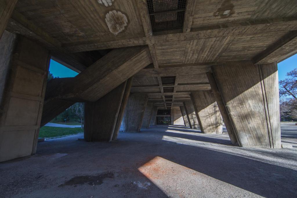 an underside of a building with wooden structures at Hotel le Corbusier in Marseille