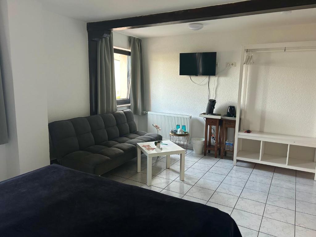 ein Wohnzimmer mit einer Couch und einem Tisch in der Unterkunft Mikroapartments Klarenthal in Saarbrücken