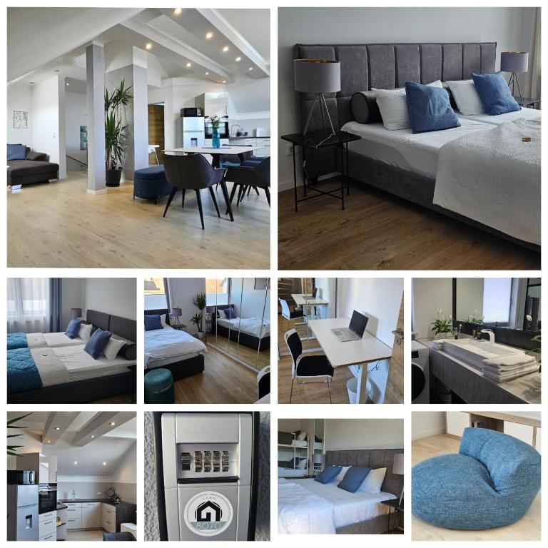 a collage of pictures of a bedroom and a living room at CASA 8070 Exklusive Maisonette-Wohnung 91 qm für Familien, Gruppen, Geschäftsreisende, inklusive Parkplatz, WLAN, Kaffee und Tee, voll ausgestattet für 1 bis 9 Gäste, zentrumsnah, Autobahn A9 Ingolstadt-Süd, Donau, Auwaldsee und Gewerbegebiet in Ingolstadt