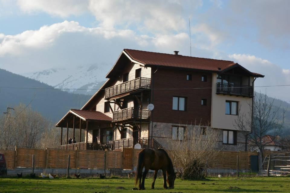 a horse grazing in a field in front of a house at Ognyanovata Guest House in Dobărsko