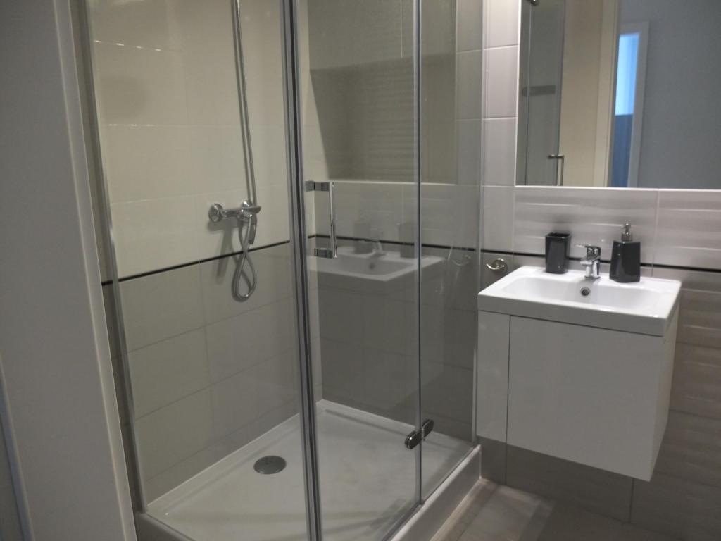 een badkamer met een glazen douche en een wastafel bij MSapartamenty Centrum in Poznań
