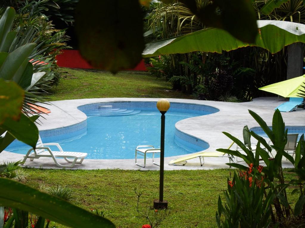 a swimming pool with two chairs and a light pole at Selva Color - Forest & Beach EcoLodge in Quebrada Ganado