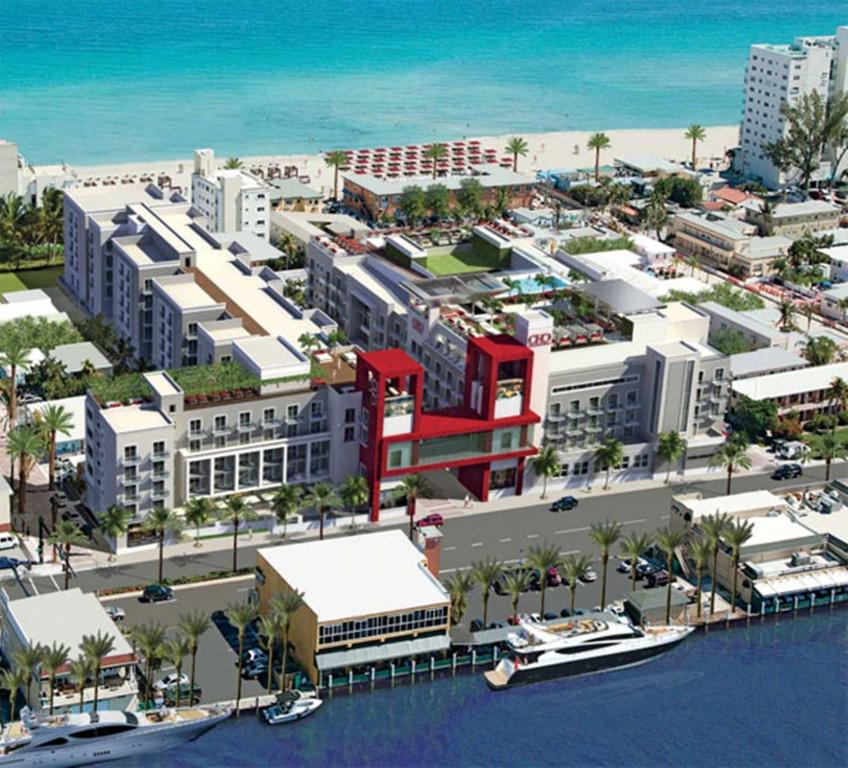 an aerial view of a city with the beach at Hollywood Studios Condo Costa in Hollywood