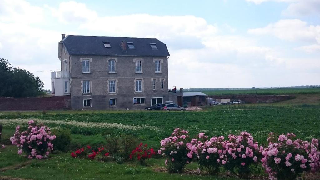 una vecchia casa in un campo con fiori rosa di Villa Jules Verne - Chambres d'hôtes et gîte a Bernes