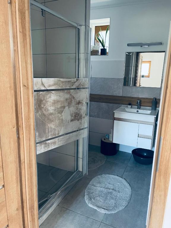 łazienka z przeszkloną kabiną prysznicową i umywalką w obiekcie Kaland apartman II. w mieście Sátoraljaújhely