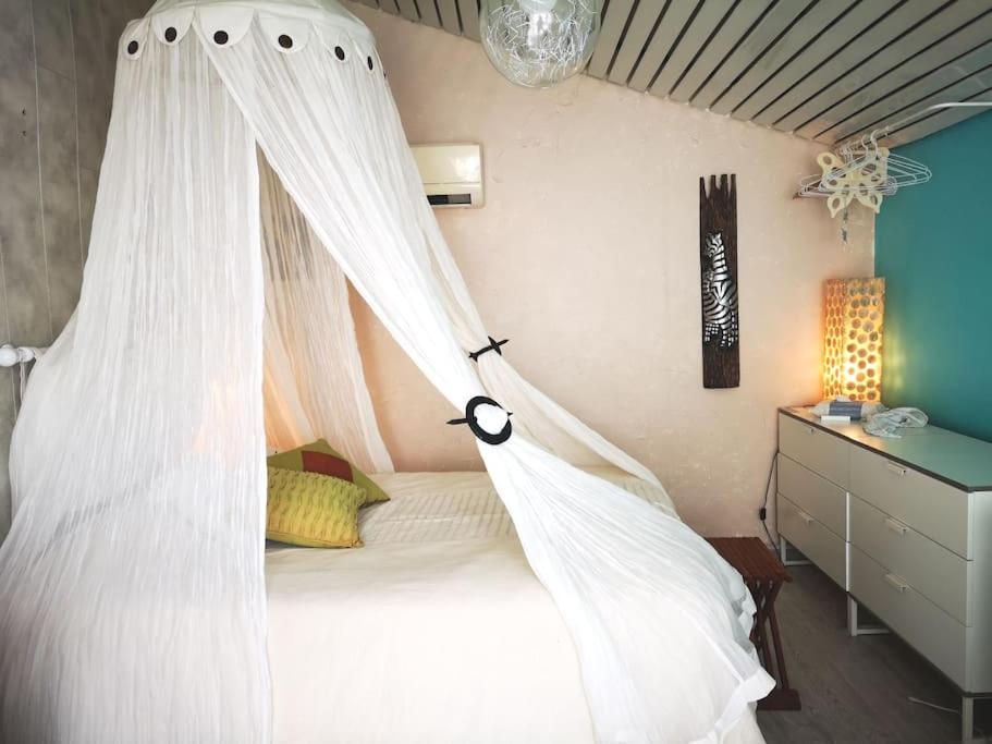 - une chambre avec un lit doté d'une moustiquaire blanche dans l'établissement labalinaise, à Saint-Jean-de-Védas