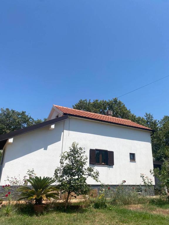 a white house with a window on the side of it at Villa SHU in Krimovice